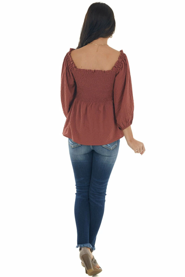 Hailey & Co Marsala Textured Smocked Bodice 3/4 Sleeve Top 18 Hailey & Co Marsala Textured Smocked Bodice 3/4 Sleeve Top
