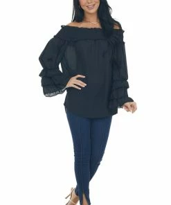 Vine & Love Black Off Shoulder Tiered Bell Sleeve Blouse Tops