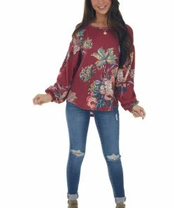 Umgee Wine Floral Waffle Knit Bubble Sleeve Top