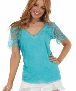 POL Clothing Tops Teal V Neck Short Sleeve Top With Lace Detail