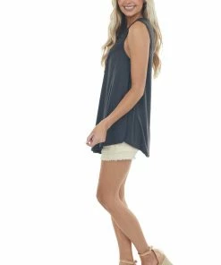 CY Fashion Faded Black Flowy Sleeveless Top With Sheer Crochet Details