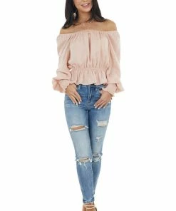 She + Sky Tops Peach Peplum Crop Top With Bubble Sleeves And Smocked Cuffs