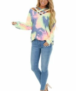 BiBi Multi Color Tie Dye Long Sleeve With Criss Cross Neck Detail Tops