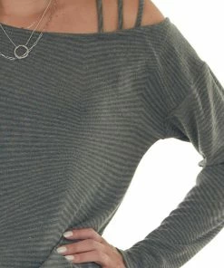 First Love Tops Faded Olive Ribbed Strappy Shoulder Knit Top