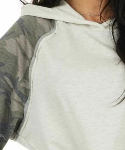 12PM Tops Oatmeal Hoodie Knit Top With Camo Print Contrast Sleeves 32 12PM Tops Oatmeal Hoodie Knit Top With Camo Print Contrast Sleeves