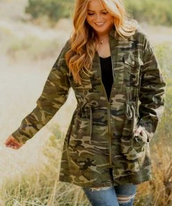 Jodifl Olive Camo Print Long Sleeve Cargo Jacket With Tie Waist Outerwear