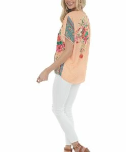Umgee Melon Multiprint Short Sleeve Surplice Top Tops