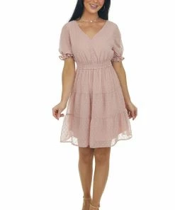 143 Story Dusty Blush Puff Sleeve Tiered Swiss Dot Mini Dress Dresses