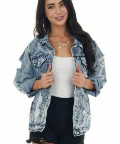 BiBi Light Acid Wash Denim Jacket With Distressed Details