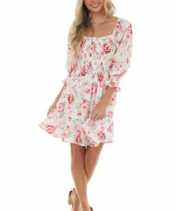 Peach Love Cream And Ruby And Smocked Bust Long Sleeve Mini Dress Dresses 33 Peach Love Cream And Ruby And Smocked Bust Long Sleeve Mini Dress Dresses