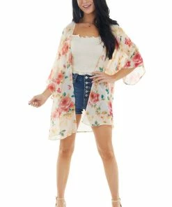 Haptics Light Blush Floral Print Lightweight Open Front Kimono