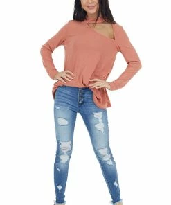 Fantastic Fawn Terracotta Long Sleeve Stretchy Knit Top With Cut Out Detail Tops