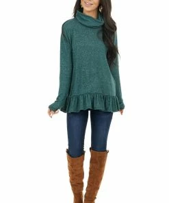Staccato Pine Green Two Tone Cowl Neck Top With Ruffle Hem