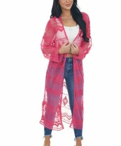Lucky And Blessed Tops Hot Pink Tribal Lace Open Front Long Sleeve Kimono