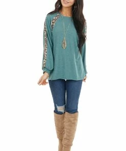 Cotton Bleu Pine Green And Leopard Print Colorblock Long Sleeve Top Tops