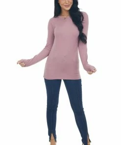 ZENANA Tops Mauve Solid Soft Knit Top With Long Sleeves