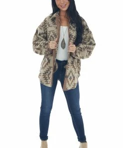 Main Strip Beige Aztec Print Button Up Shirt Jacket Tops