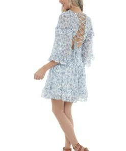 She + Sky Ocean Ditsy Floral Tiered Short Dress With Open Back Detail