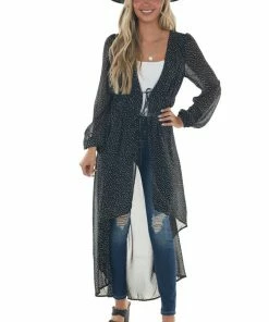 FSL APPAREL Tops Black And Cream Spotted Long Sleeve Kimono 12 FSL APPAREL Tops Black And Cream Spotted Long Sleeve Kimono