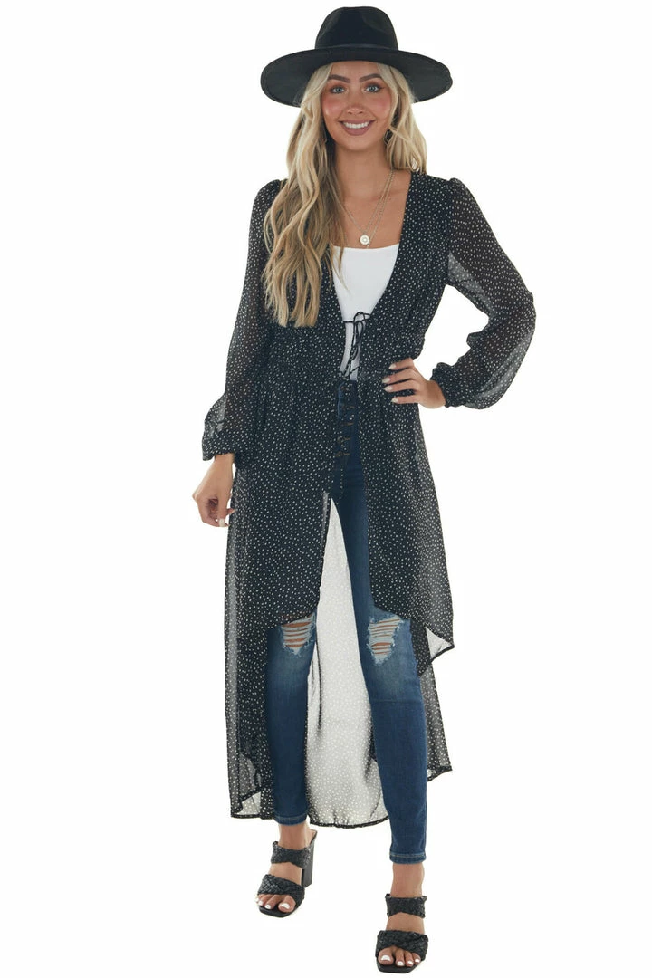 FSL APPAREL Tops Black And Cream Spotted Long Sleeve Kimono 6 FSL APPAREL Tops Black And Cream Spotted Long Sleeve Kimono