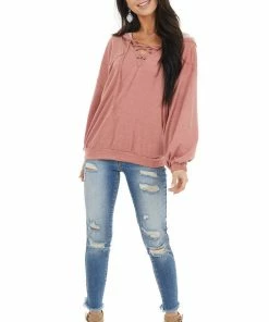 12PM Tops Dusty Coral Hooded Top With V Neck And Front Tie Detail 27 12PM Tops Dusty Coral Hooded Top With V Neck And Front Tie Detail