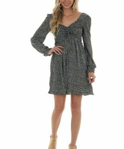 She + Sky Black Ditsy Leaf Print Long Sleeve Short Dress Dresses