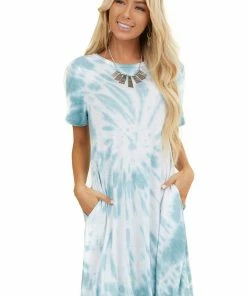 FSL APPAREL Dark Seafoam Tie Dye Short Sleeve Swing Dress With Pockets