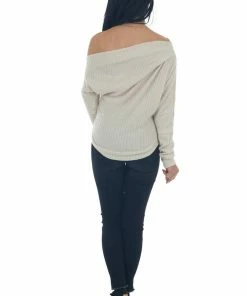 Peach Love Cream Off Shoulder Glitter Ribbed Knit Top Tops