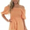 Flying Tomato Melon Textured Romper With Short Puff Sleeves