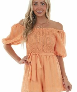 Flying Tomato Melon Textured Romper With Short Puff Sleeves