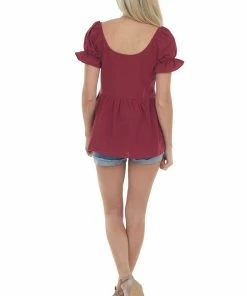 Miss Sparkling Tops Maroon Puff Sleeve Peplum Blouse