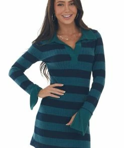 BucketList Dresses Deep Pine Striped Ribbed Knit Mini Dress