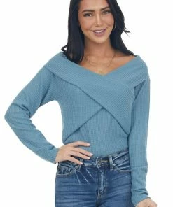 BiBi Tops Steel Blue Criss Cross Brushed Waffle Knit Top