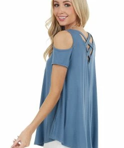 CY Fashion Tops Ocean Blue Cold Shoulder Top With Criss Cross Back Detail