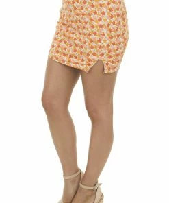 LE LIS Tangerine Floral Print Ribbed Knit Mini Skirt