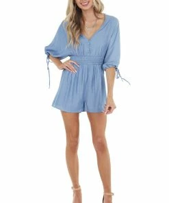 LE LIS Denim Blue Dolman Sleeve Romper With Button Detail