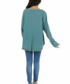 Umgee Tops Teal Blue Long Sleeve Babydoll Top With Frayed Hemline