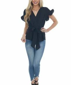 Umgee Black V Neck Blouse With Front Tie Detail Tops