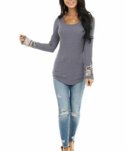 American Chic Dusty Navy Waffle Knit Top With Multiprint Cuff Detail Tops 35 American Chic Dusty Navy Waffle Knit Top With Multiprint Cuff Detail Tops