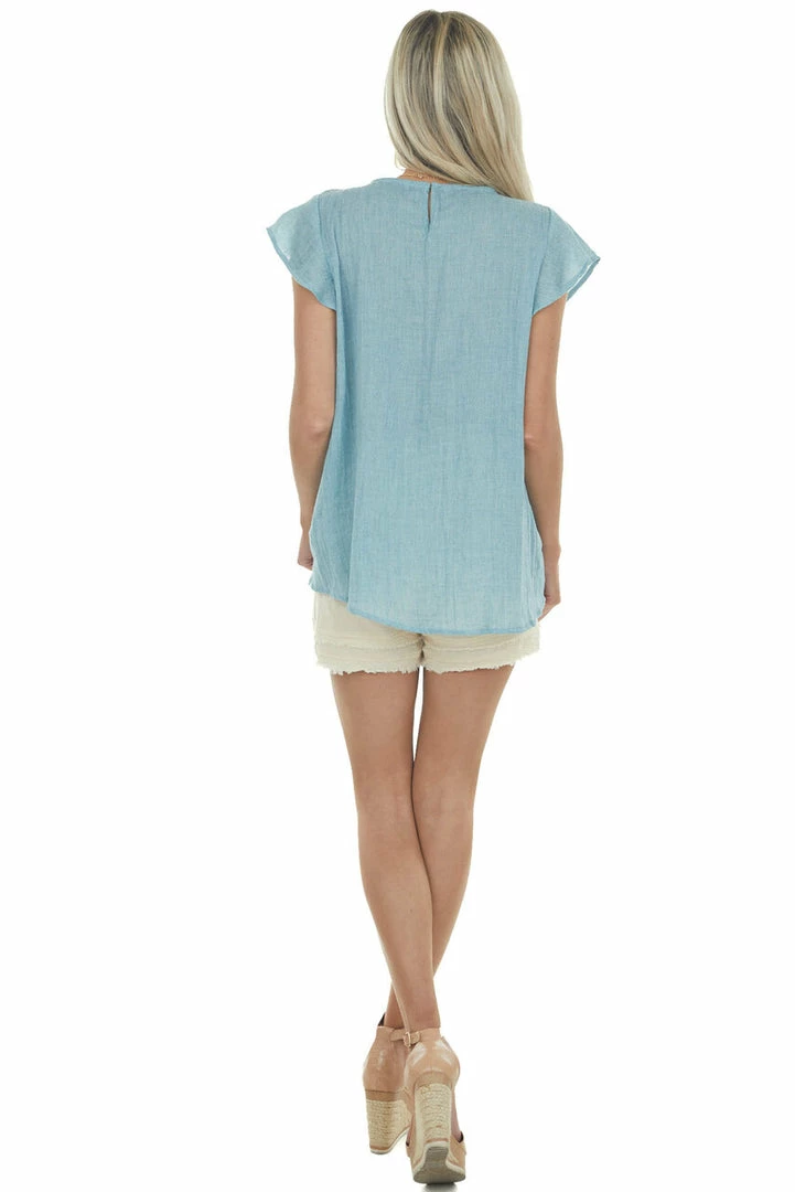 L Love Teal Short Ruffle Sleeves Woven Top With Lace Yoke 14 L Love Teal Short Ruffle Sleeves Woven Top With Lace Yoke