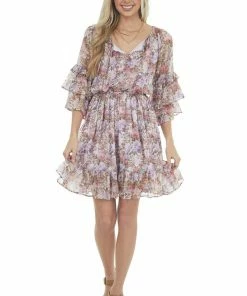 Easel Iris Floral Print Tiered Ruffle Sleeve Dress Dresses 16 Easel Iris Floral Print Tiered Ruffle Sleeve Dress Dresses
