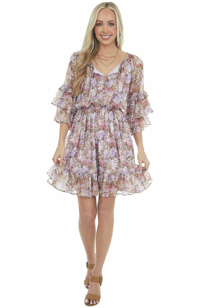 Easel Iris Floral Print Tiered Ruffle Sleeve Dress Dresses 9 Easel Iris Floral Print Tiered Ruffle Sleeve Dress Dresses