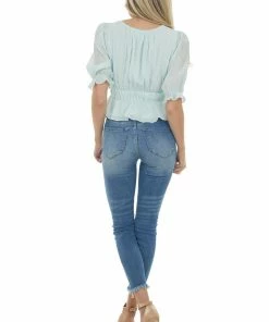 Sweet Lemon Mint Dot Textured Peasant Sleeve Peplum Top