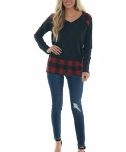 Vanilla Bay Black Raw Edge Knit Top With Plaid Contrast