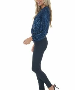 She + Sky Navy Sequined Surplice Blouson Bodysuit