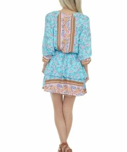 Umgee Dresses Aqua Floral Print Mini Dress With Overlay Detail