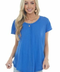 Davi & Dani Sapphire Flowy Knit Top With Raw Edge Seams Tops