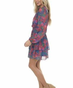 Peach Love Dresses Navy Abstract Floral Swiss Dot Surplice Dress