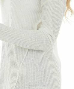 First Love Tops Ivory Waffle Knit Raw Hem Long Sleeve Top