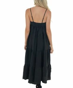 Entro Black Textured Tiered Tent Midi Woven Dress Dresses